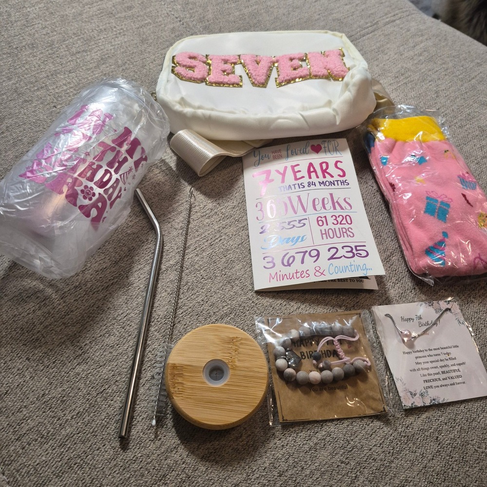 7th Birthday Gift Set Girls White Seven Belt Bag Tumbler Necklace Bracelet Socks